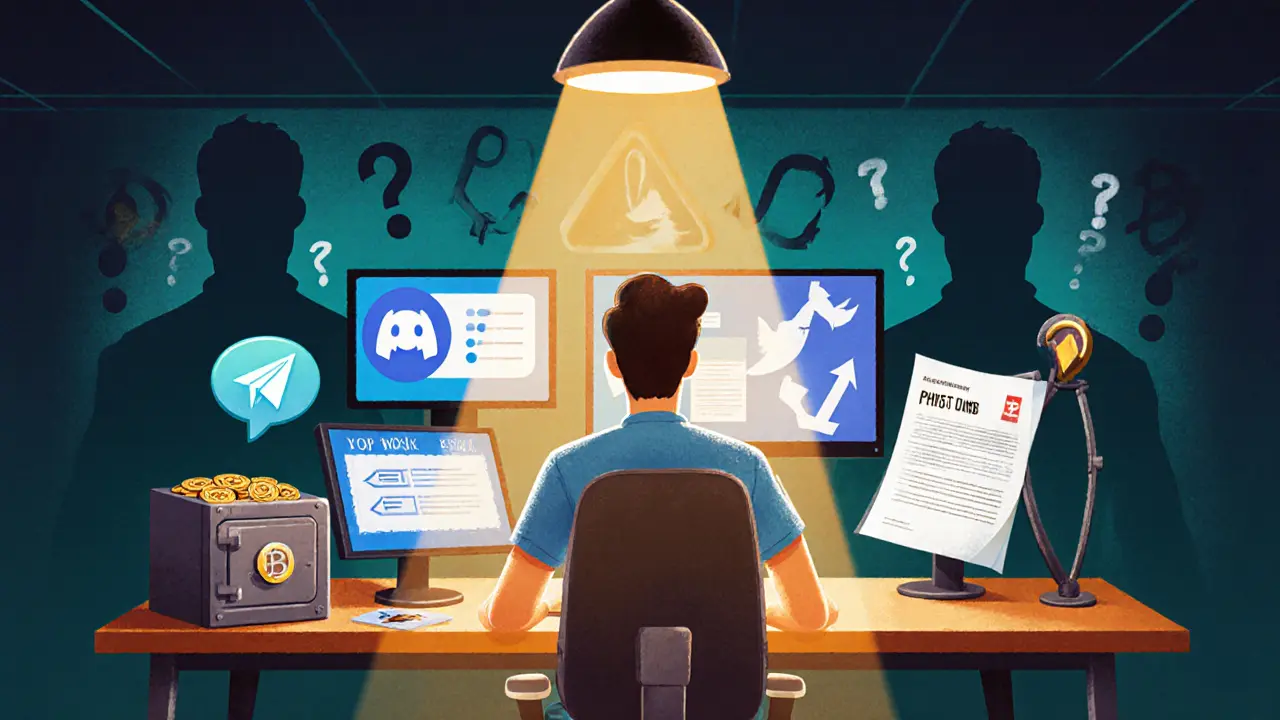 Utente al computer con Telegram, Discord, Twitter, testnet e avvisi di phishing e tasse.