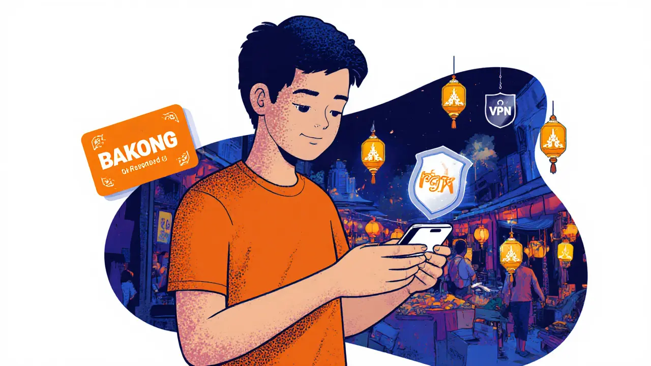 Utente cambogiano usa Bakong e le app RGX/CNX su smartphone in un mercato vivace.