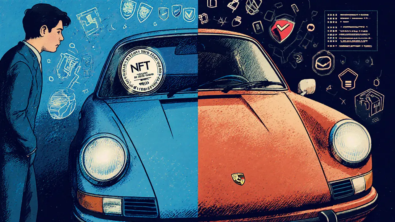 Auto d&#039;epoca con un badge NFT visibile, che mostra la sua storia digitale di manutenzione e proprietà.