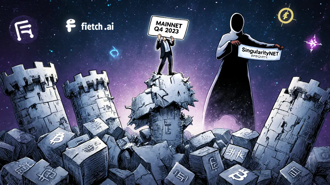 Castello di blockchain che crolla, un uomo tiene un cartello con data falsa.