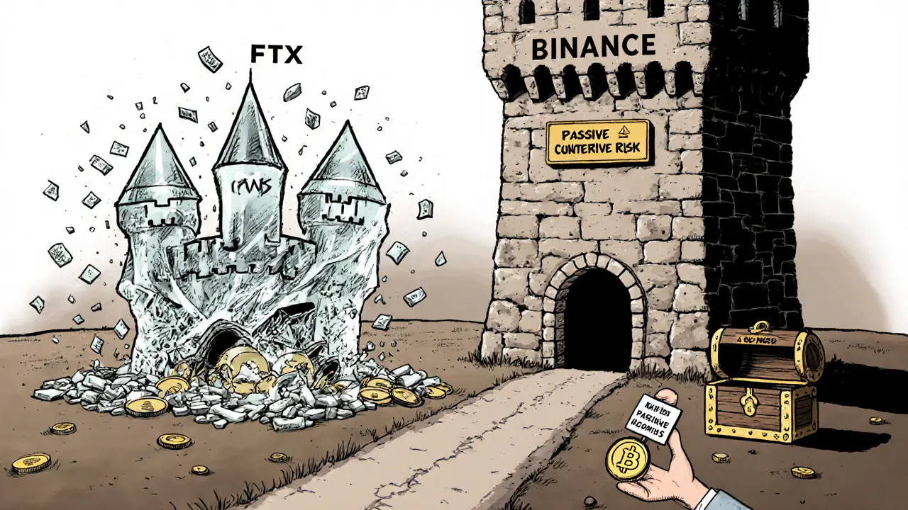 Castello di FTX che crolla mentre la torre di Binance rimane in piedi, con un investitore che tiene un token e un segnale di avvertimento.