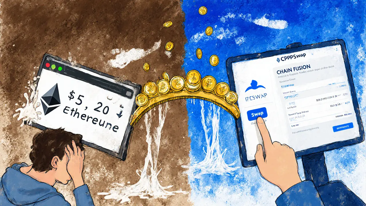 Confronto tra costose gas fee su Ethereum e scambi gratuiti su ICPSwap con tecnologia Chain Fusion.