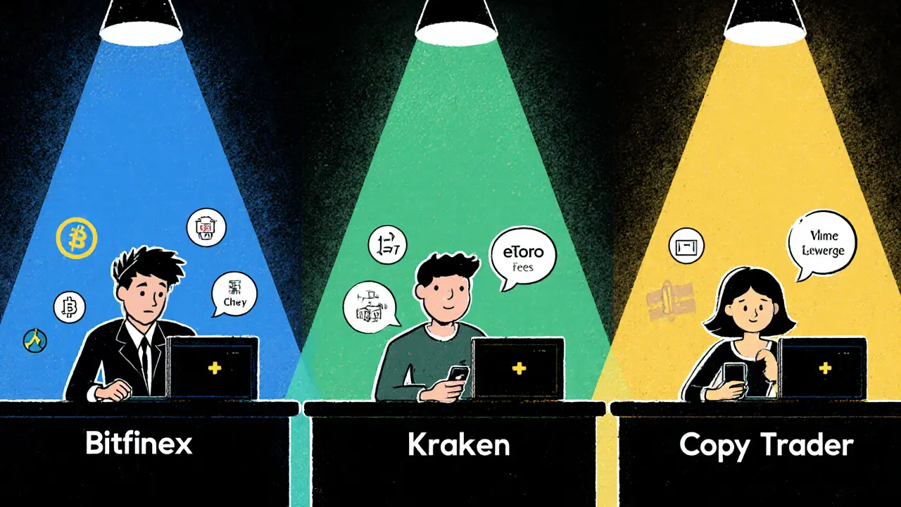 Confronto tra tre trader: esperto su Bitfinex, equilibrato su Kraken, semplice su eToro con icone visive.