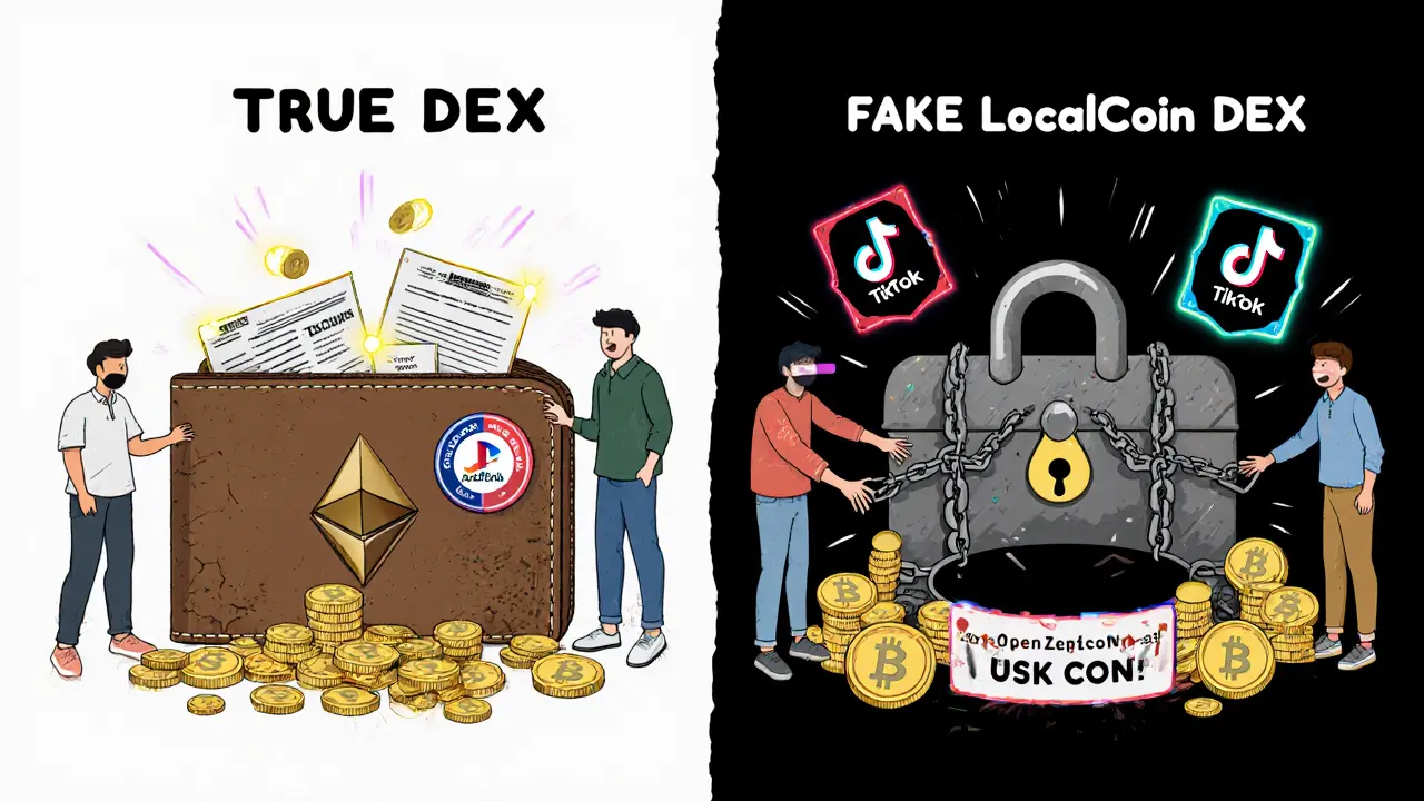 Confronto tra un vero DEX con contratti auditati e un falso DEX con un tesoro bloccato che scompare in un buco nero.