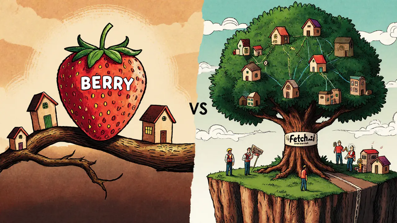 Confronto tra una fragola fragile e un albero florido: BERRY vs Fetch.ai in un paesaggio simbolico di speculazione e utilità reale.
