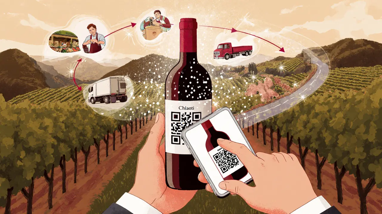 Consumatore che scansiona un codice QR su una bottiglia di vino Chianti, con una timeline digitale della sua storia.