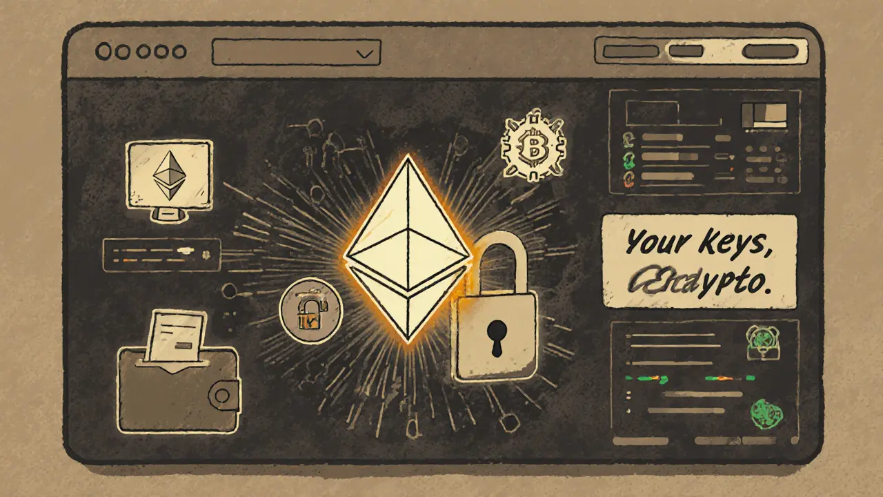 Dashboard di trading avanzato collegato a una blockchain, con strumenti fluttuanti e un avvertimento sul controllo personale delle chiavi.