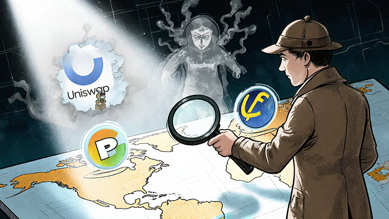 Detective che indica DEX verificati su una mappa blockchain, mentre il fantasma di LocalCoin DEX svanisce nella nebbia.