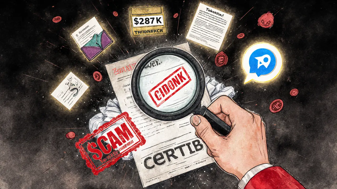 Esperto di sicurezza esamina un contratto fraudolento CDONK, con prove di truffa e un grande timbro &#039;SCAM&#039; che lo schiaccia.