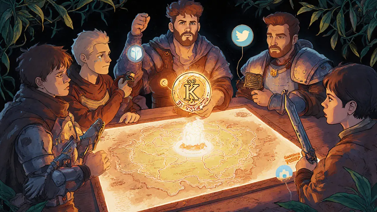 Giocatori intorno a una mappa olografica di Gamrey Deep, con portafogli e NFT visibili, in un ambiente magico.