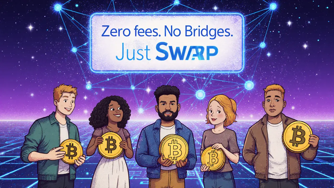 Gruppo di persone in una piazza digitale che scambia token ICP, ckETH e ckBTC con rete Internet Computer in sfondo.