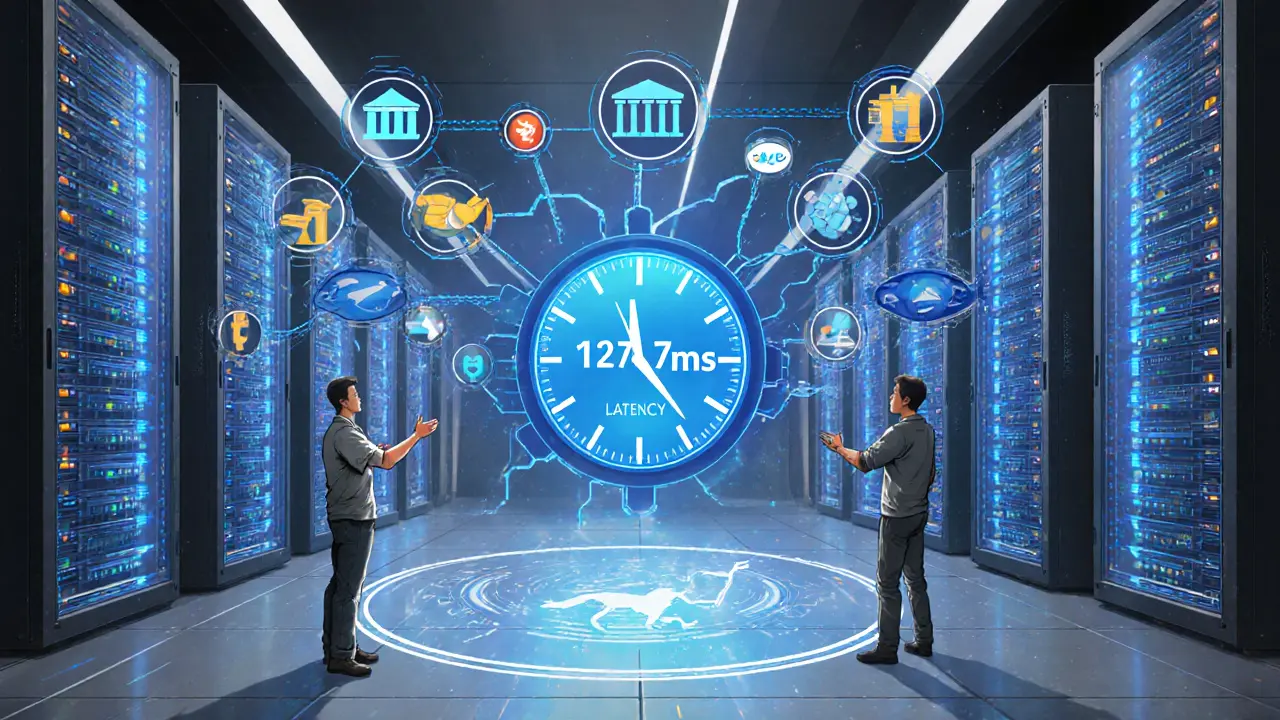 Illustrazione testurizzata di un data center a Singapore con server veloci e trader che osserva grafici cripto in tempo reale.
