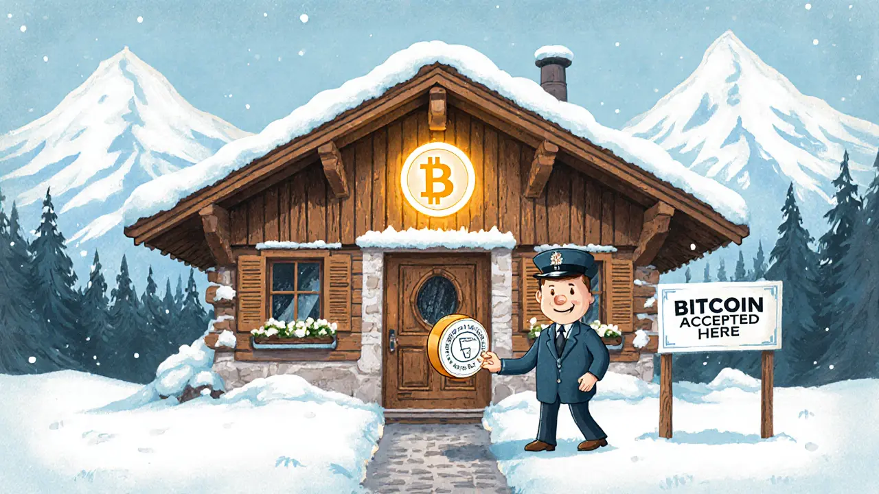Illustrazione testurizzata di una baita svizzera dove si accettano Bitcoin per pagare le tasse, in un villaggio montano.