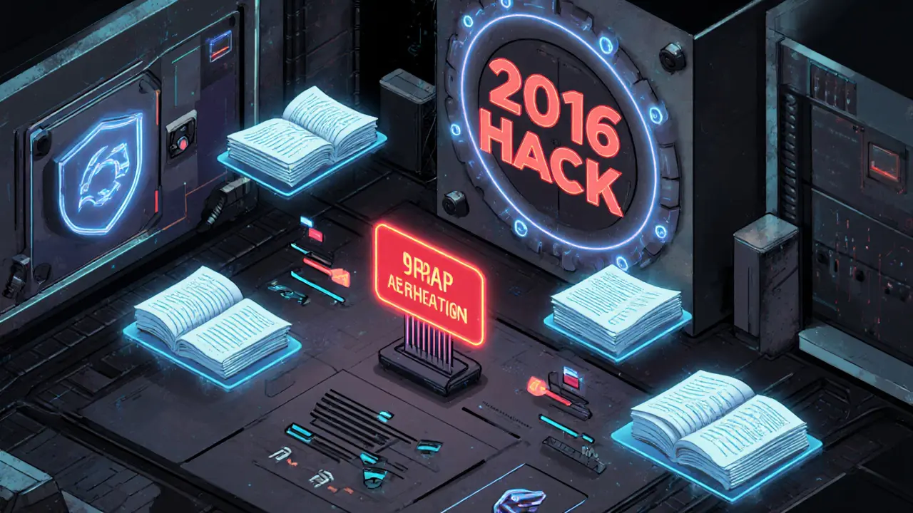 Interfaccia virtuale di Bitfinex con ordini, leve e vault di sicurezza, stile cyberpunk con allerta storica.