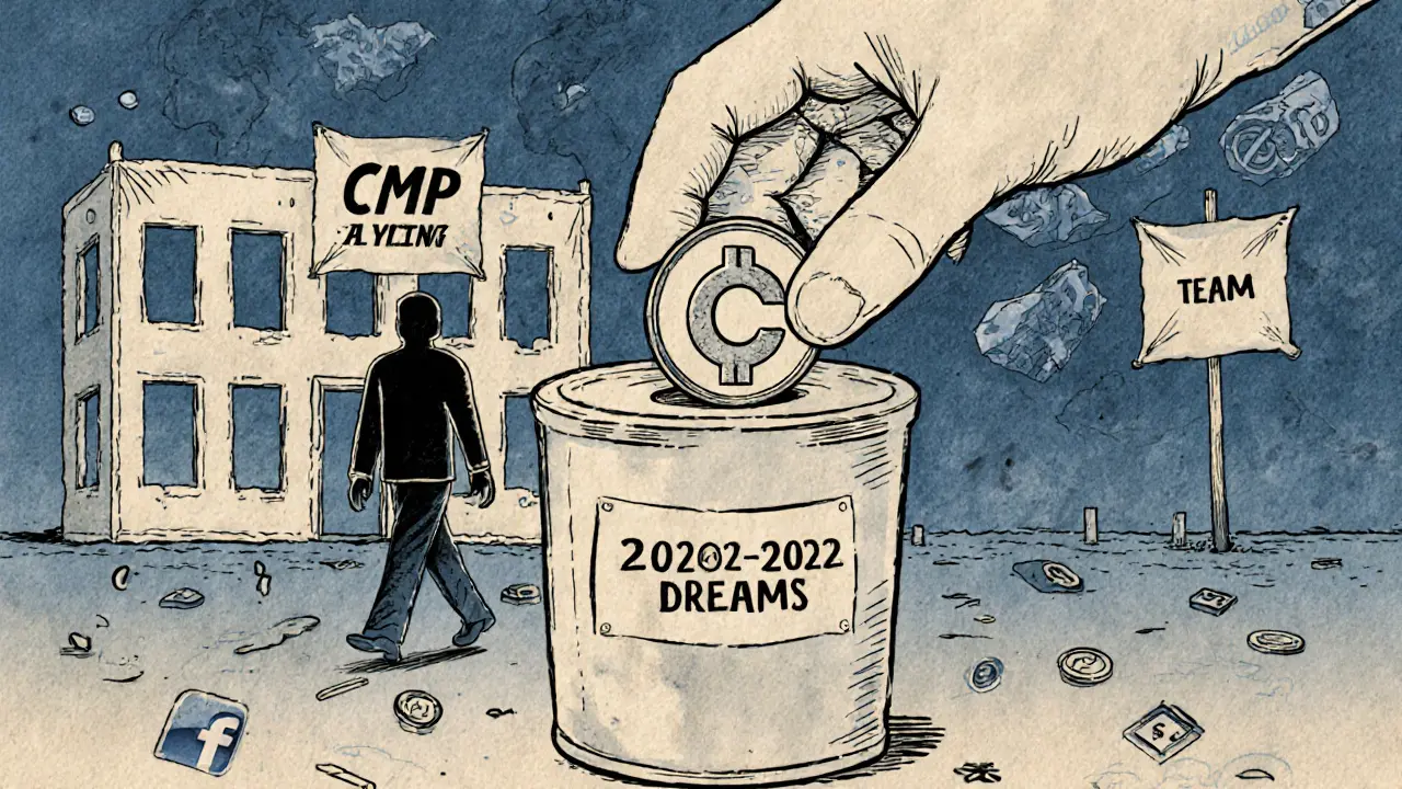 Mano che mette un token CMP in una capsula del tempo, mentre il team se ne va da un mondo virtuale incompiuto.