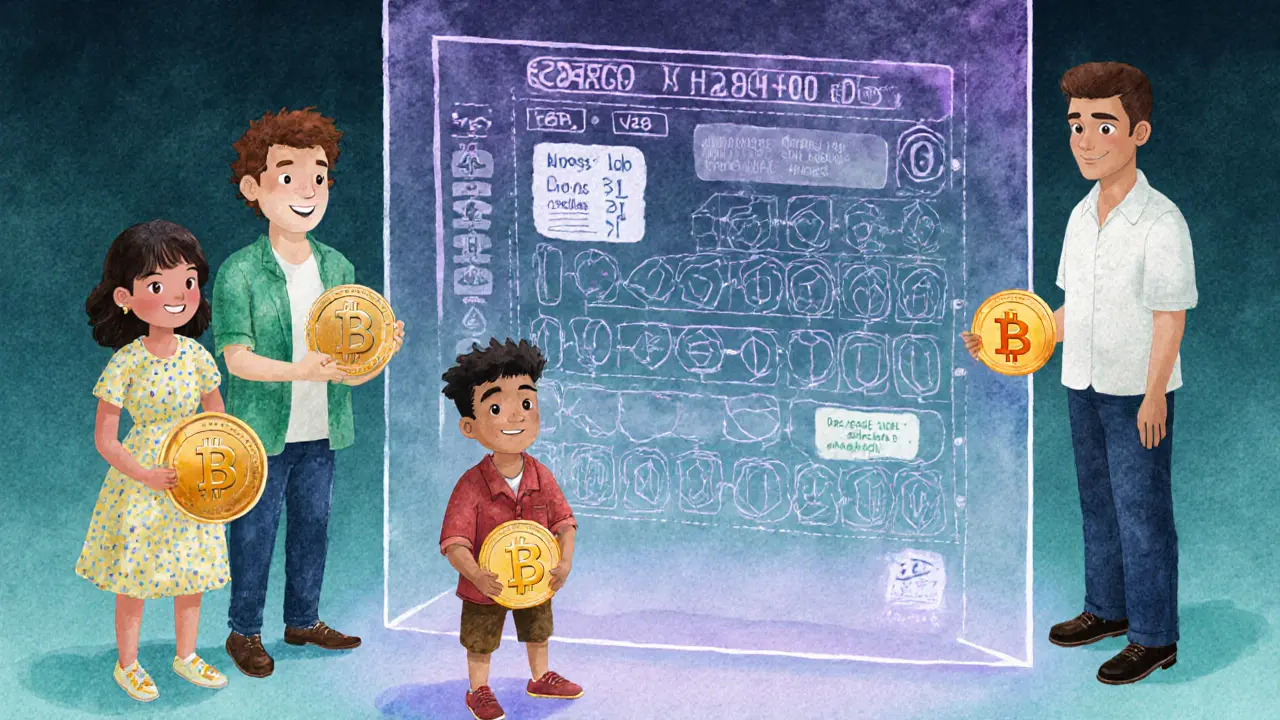 Persone di diverse nazionalità che osservano un registro blockchain trasparente, simbolo di libertà finanziaria globale.