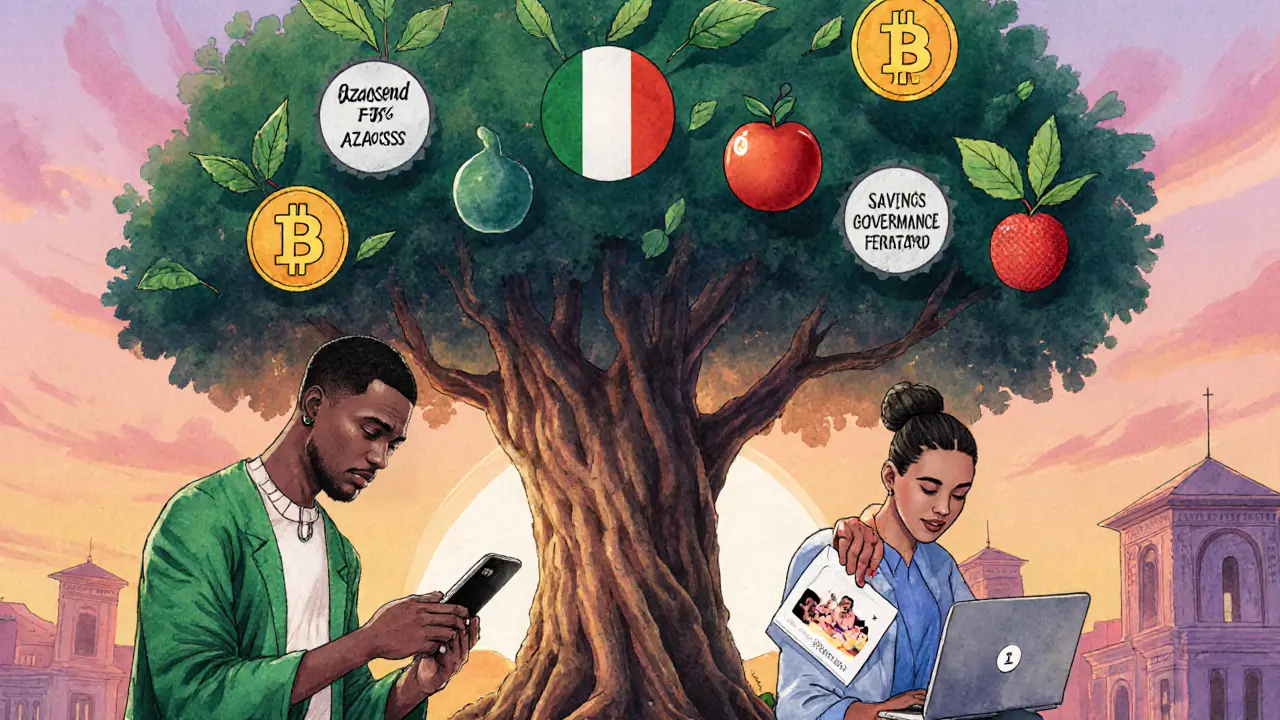 Persone in diversi paesi che usano token di scambio per conversioni, staking e voto, con un albero blockchain in sfondo.