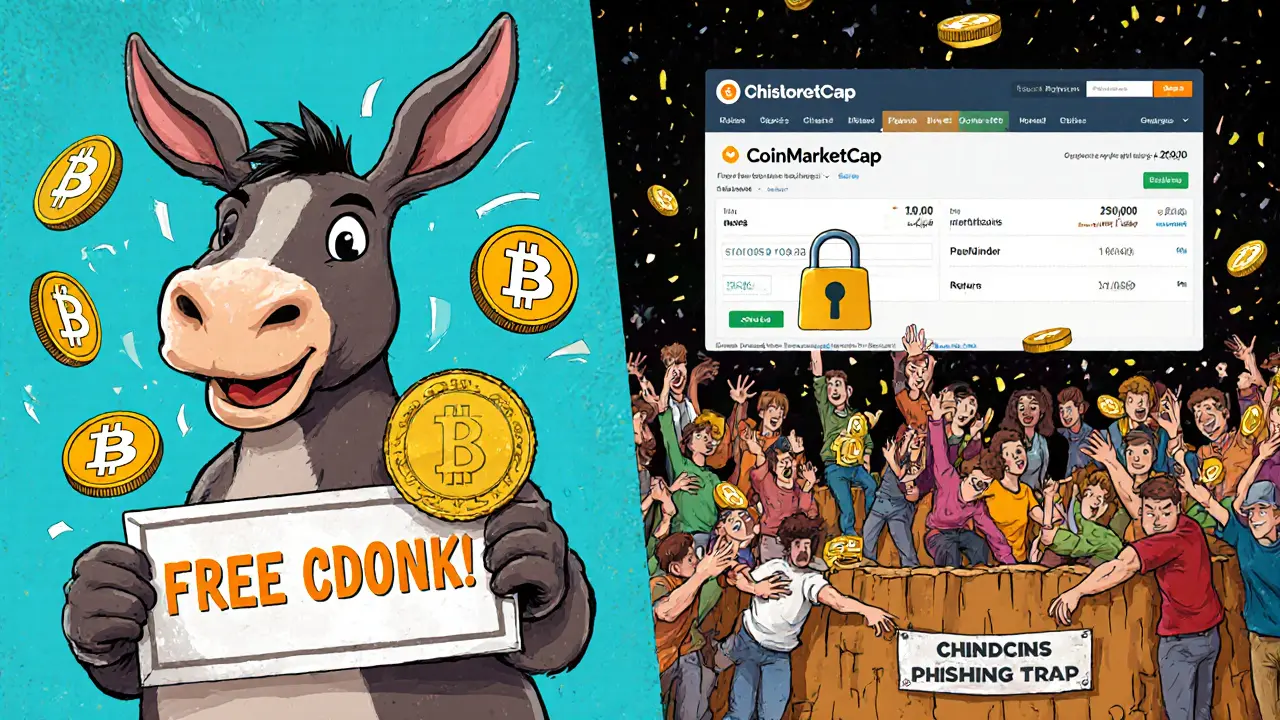 Scena divisa: un asino meme promette token gratis a sinistra, a destra CoinMarketCap con dati zero e persone che cadono in una trappola.