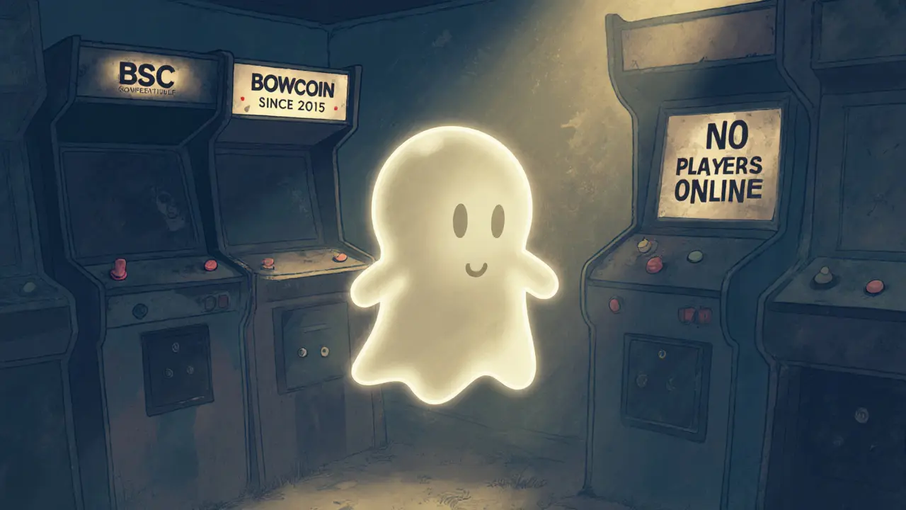 Token BowsCoin fantasma che fluttua in un arcade abbandonato, schermo con &#039;No Players Online&#039;.
