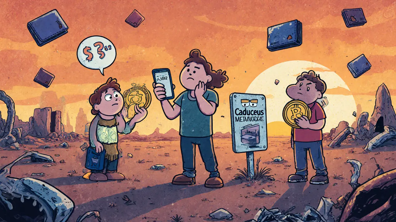 Tre utenti crypto con token CMP in un paesaggio digitale in rovina, con segni del progetto Caduceus.