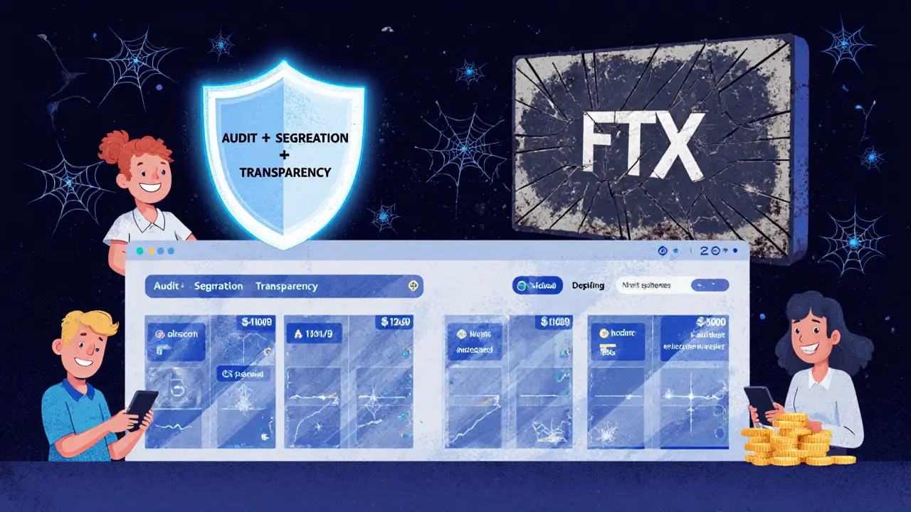 Un exchange moderno con fondi segregati e trasparenza, accanto a uno schermo morto di FTX coperto di polvere.