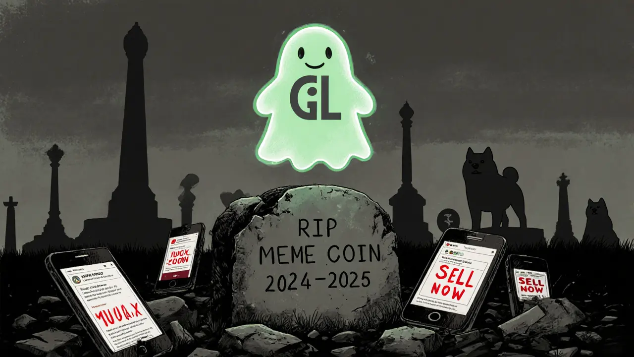 Un fantasma del token GLUTEU sopra una tomba con avvisi di vendita e messaggi falliti.