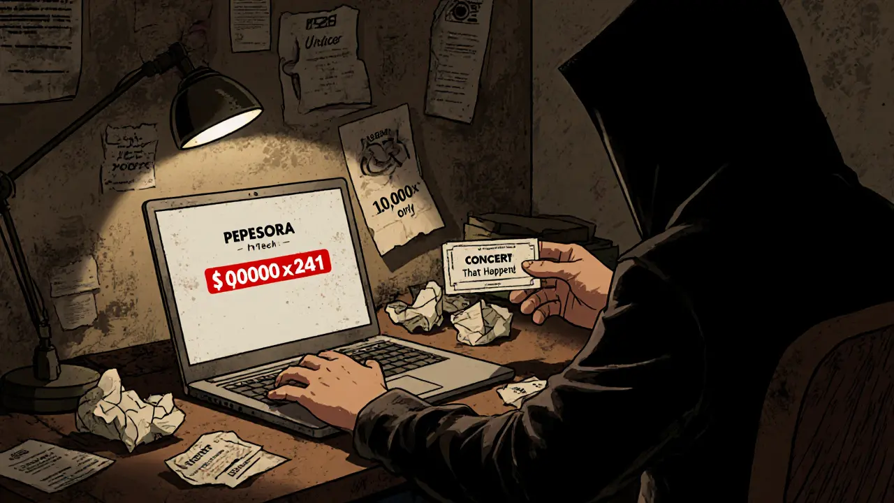 Un investitore guarda uno schermo con il prezzo di PEPESORA a zero, circondato da promesse false e un biglietto per un evento cancellato.