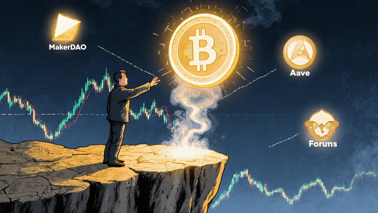 Un investitore raggiunge un token che svanisce, mentre DAO reali brillano in lontananza con attività vera.