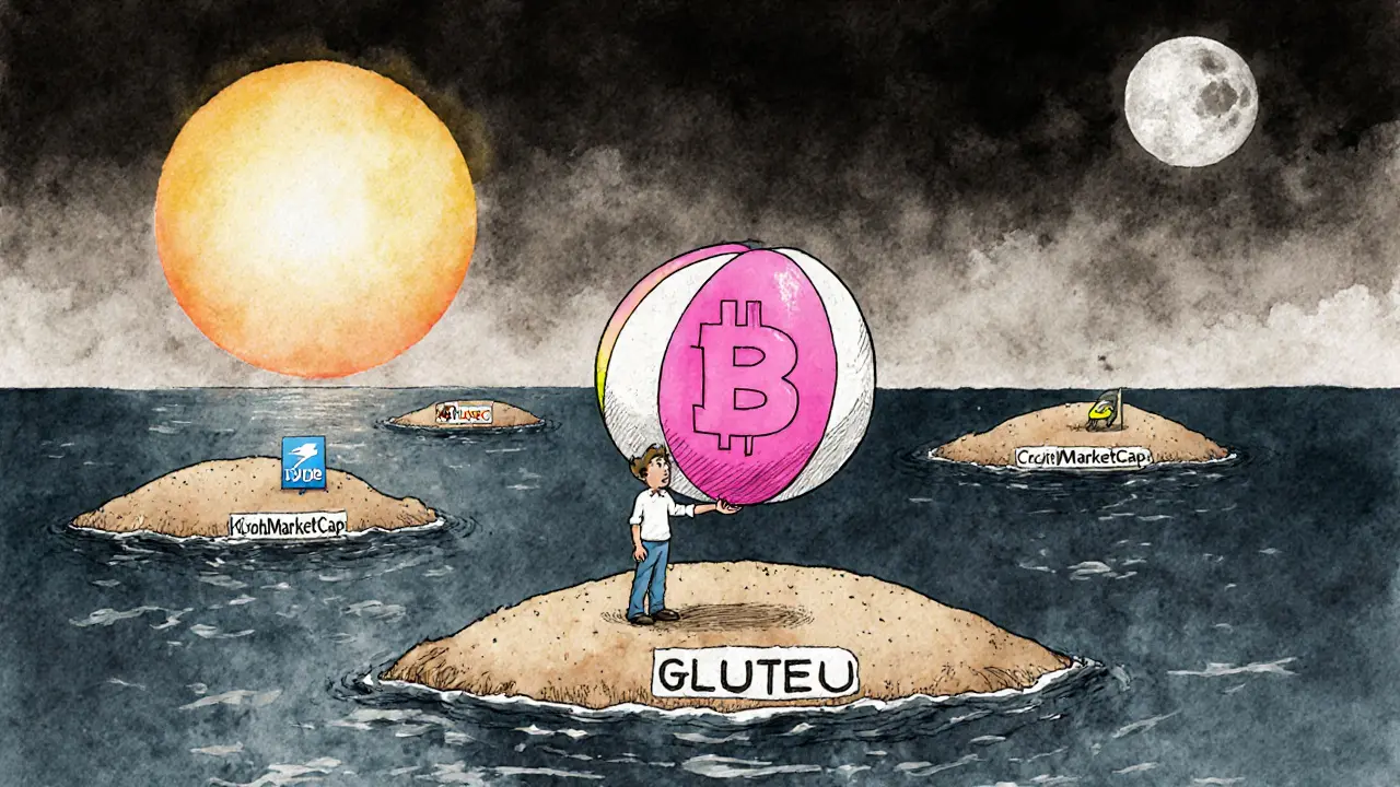 Un investitore solitario con un token GLUTEU gigante su un&#039;isola vuota nell&#039;oceano del mercato.