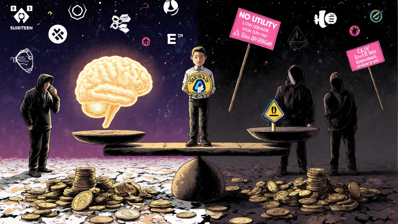 Un investitore su una bilancia tra intelligenza artificiale e pile di monete crollanti, circondato da trader ombrosi.