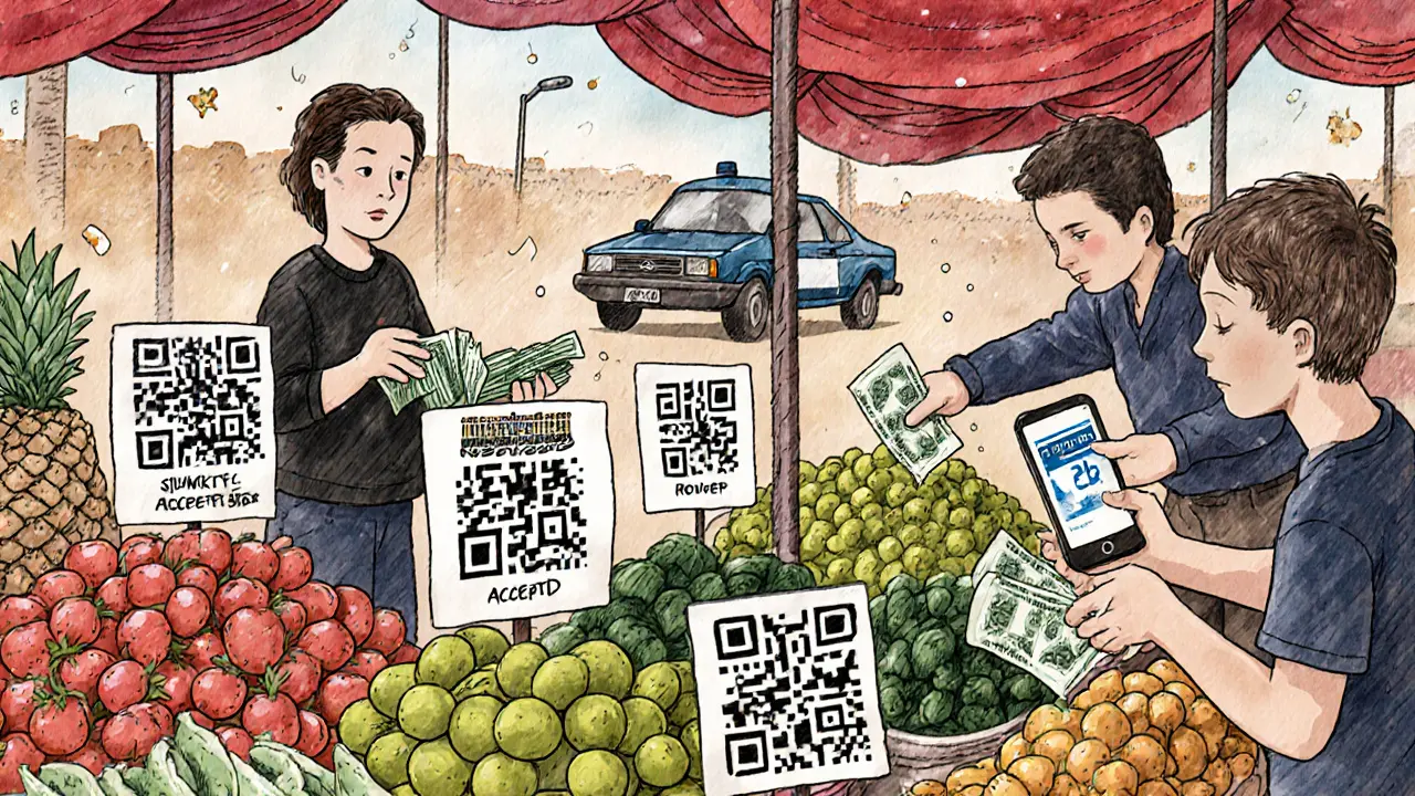 Un mercato settimanale dove i venditori accettano USDT in contanti tra frutta e verdura.