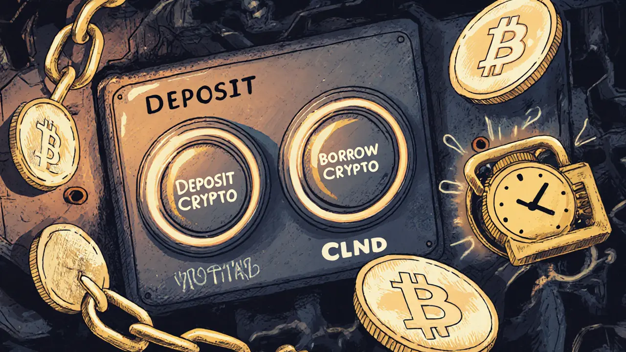 Un pannello di controllo con tre opzioni: depositare BTC, prendere in prestito e votare con CLND.