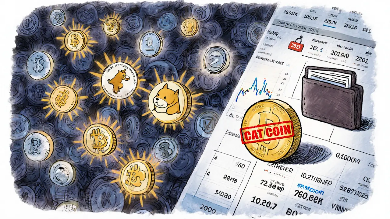 Un token CAT COIN isolato e spento accanto a criptovalute attive su uno scambio.