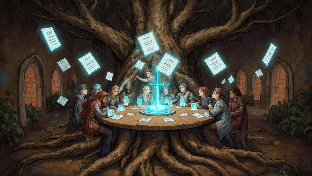 Una riunione DAO sotto un albero magico, con token KNIGHT che diventano voti e proposte fluttuanti nell&#039;aria.