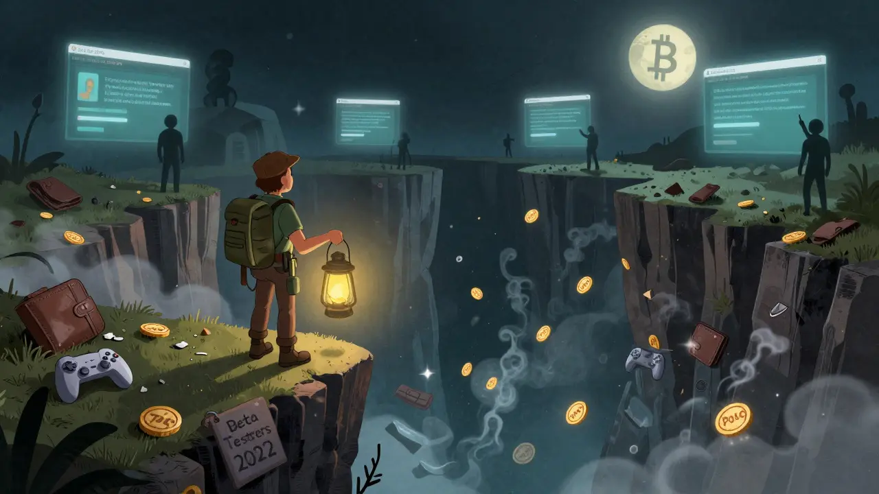 Avventuriero che guarda in basso verso un burrone pieno di portafogli abbandonati e promesse false.