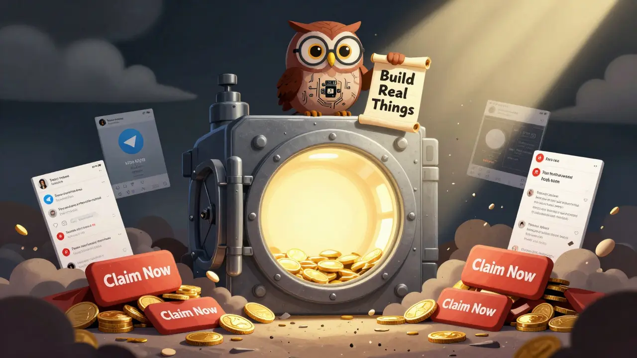 Cassaforte vuota con token POLO inesistenti, circondata da pulsanti truffa e un gufo saggio.