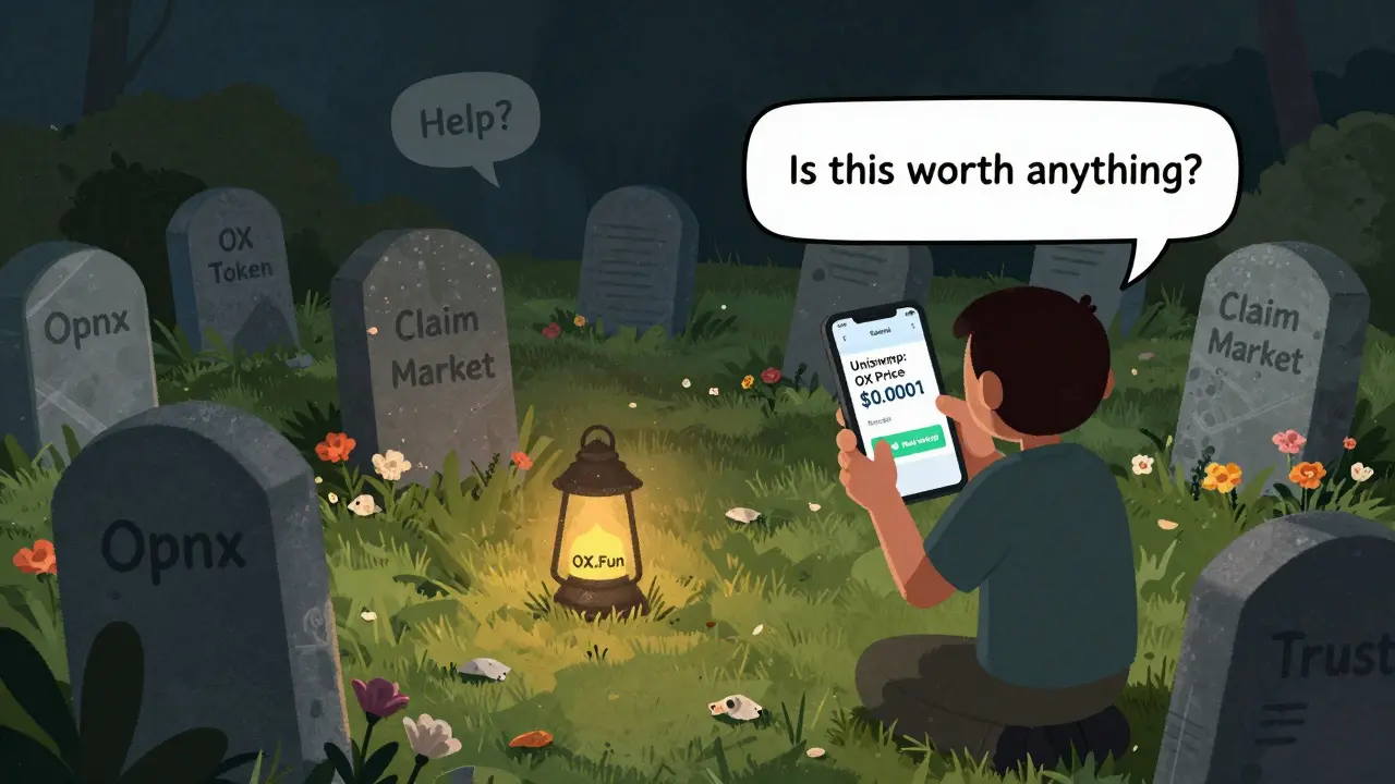 Cimitero con lapidi di Opnx e OX, una lanterna OX.Fun in lontananza e un utente che guarda un prezzo nullo su Uniswap.