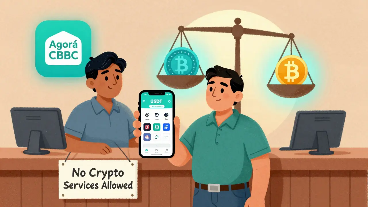 Cittadino messicano con portafoglio digitale accanto a una finestra bancaria che rifiuta le criptovalute, con il progetto Agorá in lontananza.