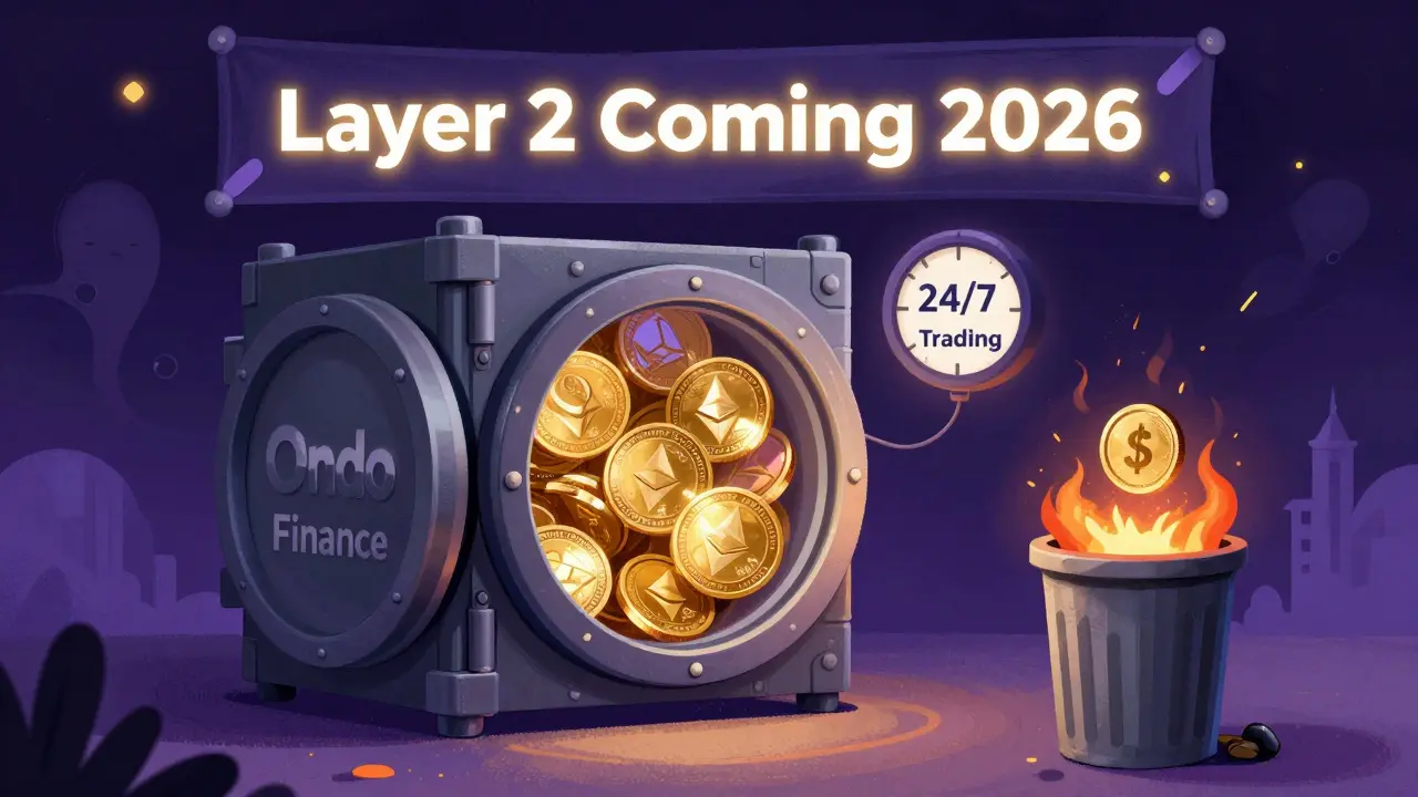 Cofano digitale con token ACNon e banner &#039;Layer 2 2026&#039;, con fee Ethereum che bruciano.