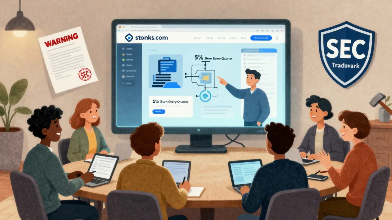 Comunità riunita attorno a uno schermo con il sito ufficiale STONKS.com e il logo del marchio registrato.