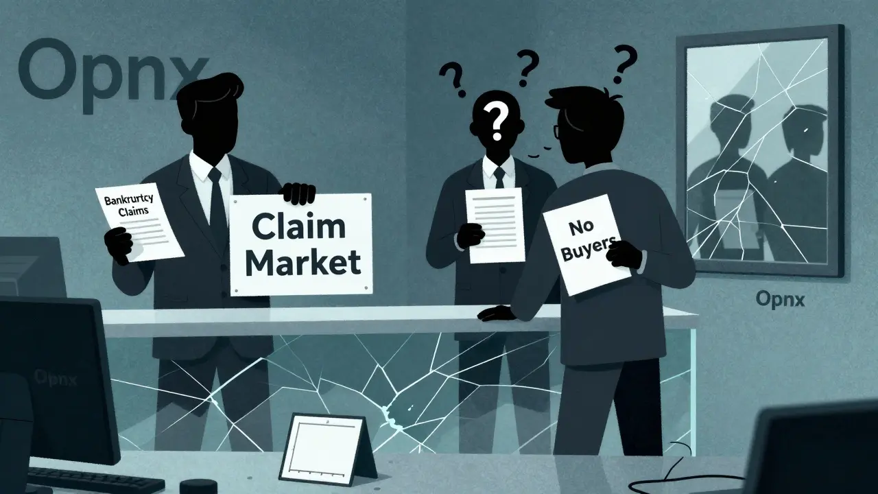 Fondatori di Opnx dietro un bancone rotto mentre creditori confusi tengono documenti di bancarotta senza acquirenti.
