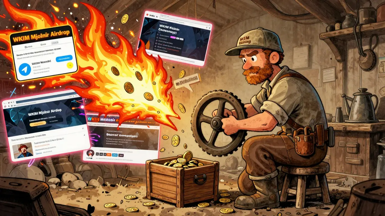 Minatore tranquillo che estrae KIM reale, mentre siti truffa bruciano in fiamme dietro di lui.