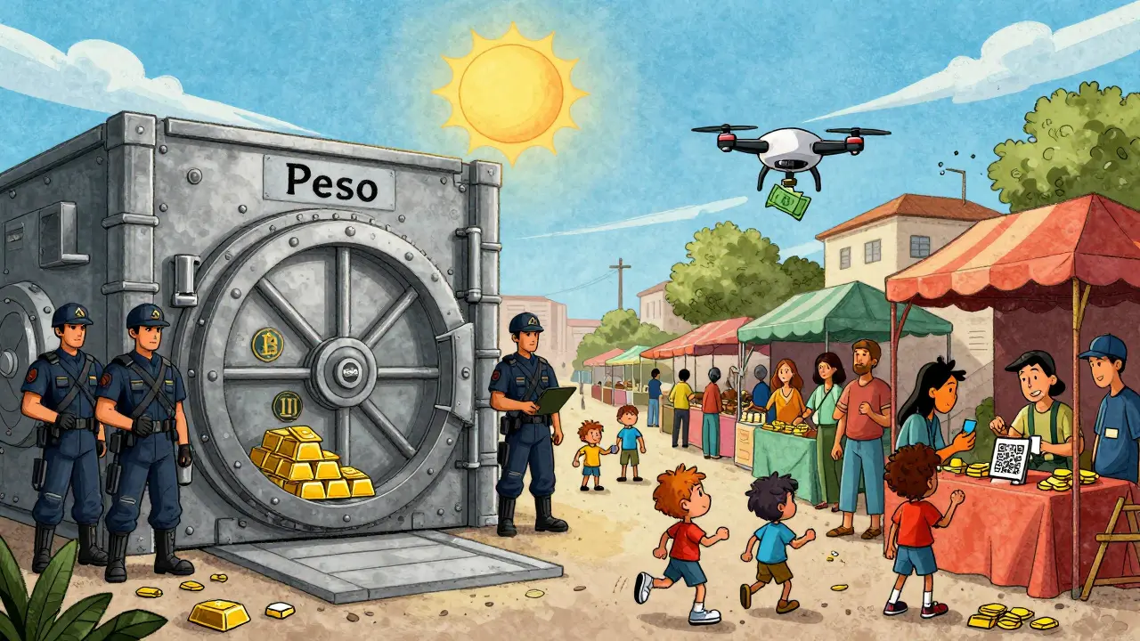 Paesaggio diviso: banca sicura a sinistra, mercato cripto vivace a destra, sotto due soli simbolici.