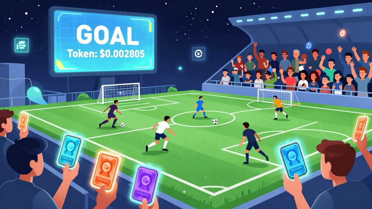 Partita nel metaverso con giocatori NFT e spettatori che tengono carte rare sotto un cielo digitale.