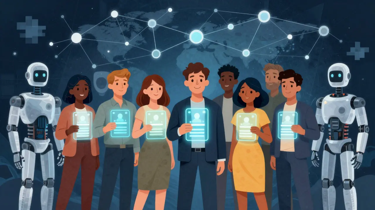 Persone globali con identità digitali sicure circondate da bot che scompaiono.