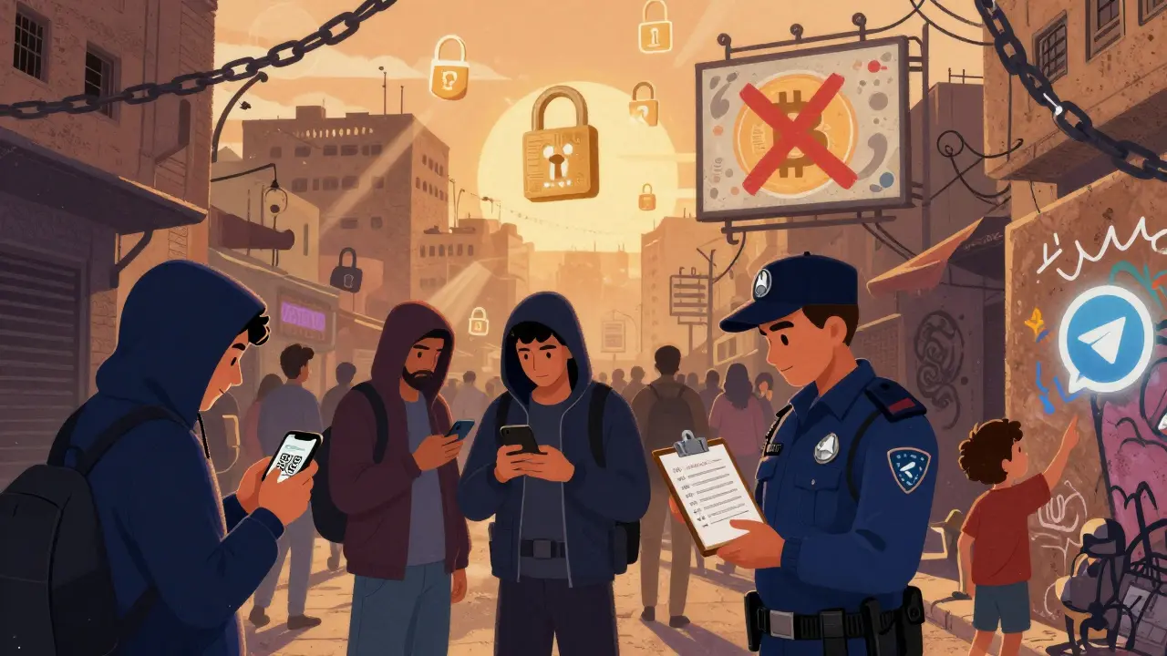 Persone in strada a Cairo che usano criptovalute di nascosto, mentre simboli digitali bloccano la luce del sole.