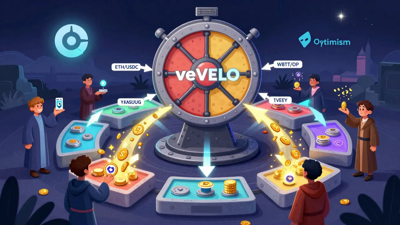 Ruota di voto veVELO al centro di un ecosistema DeFi, con flussi di token che alimentano pool di liquidità.