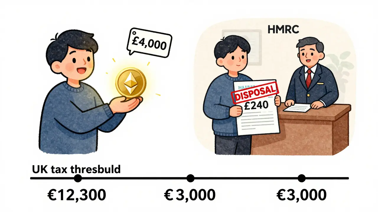 Scena divisa: donazione di cripto e conseguente bolletta fiscale di £240 con timbro 'DISPOSAL'.