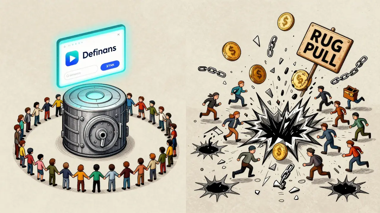 Sinistra: comunità sicura con STNK e Definans. Destra: caos con token falsi e borse vuote su Ethereum.