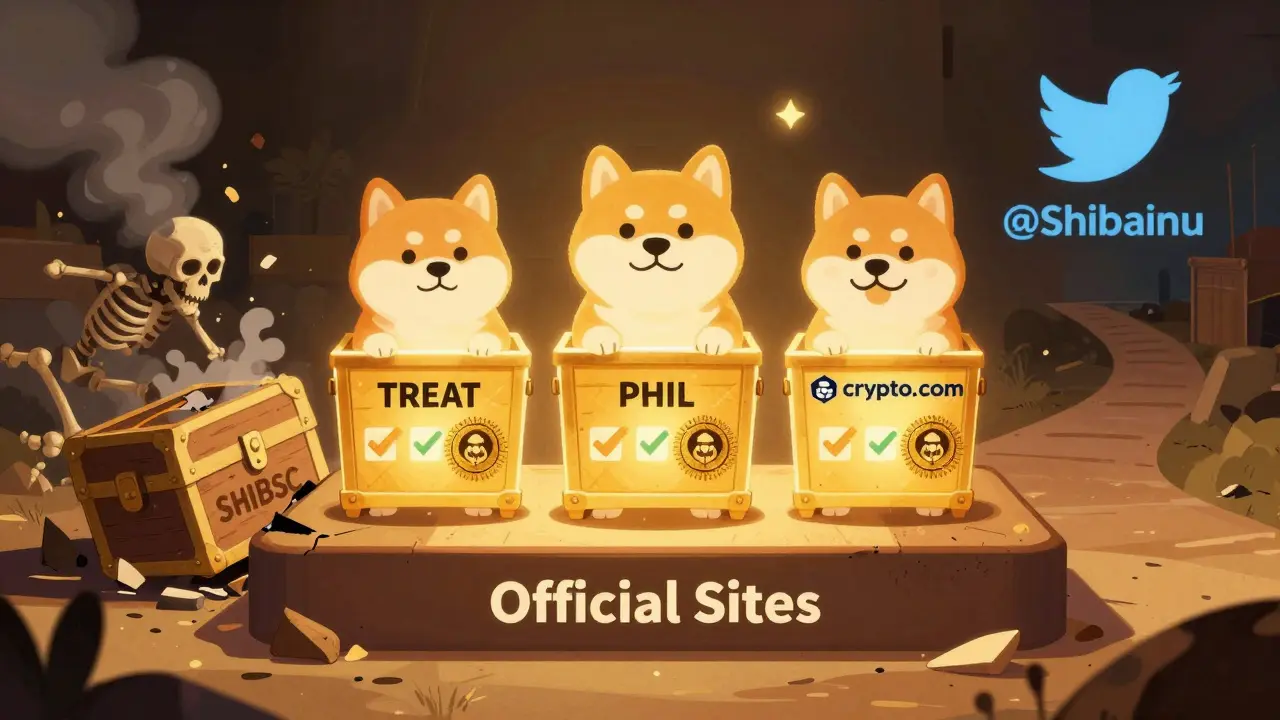 Tre cofanetti di airdrop legittimi di Shiba Inu contrastano con un cofanetto falso che crolla in fumo.